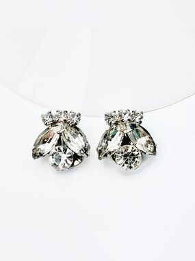 Vintage 1960s Rhinestone Clip Earrings Silver Tone Cocktail Glam
